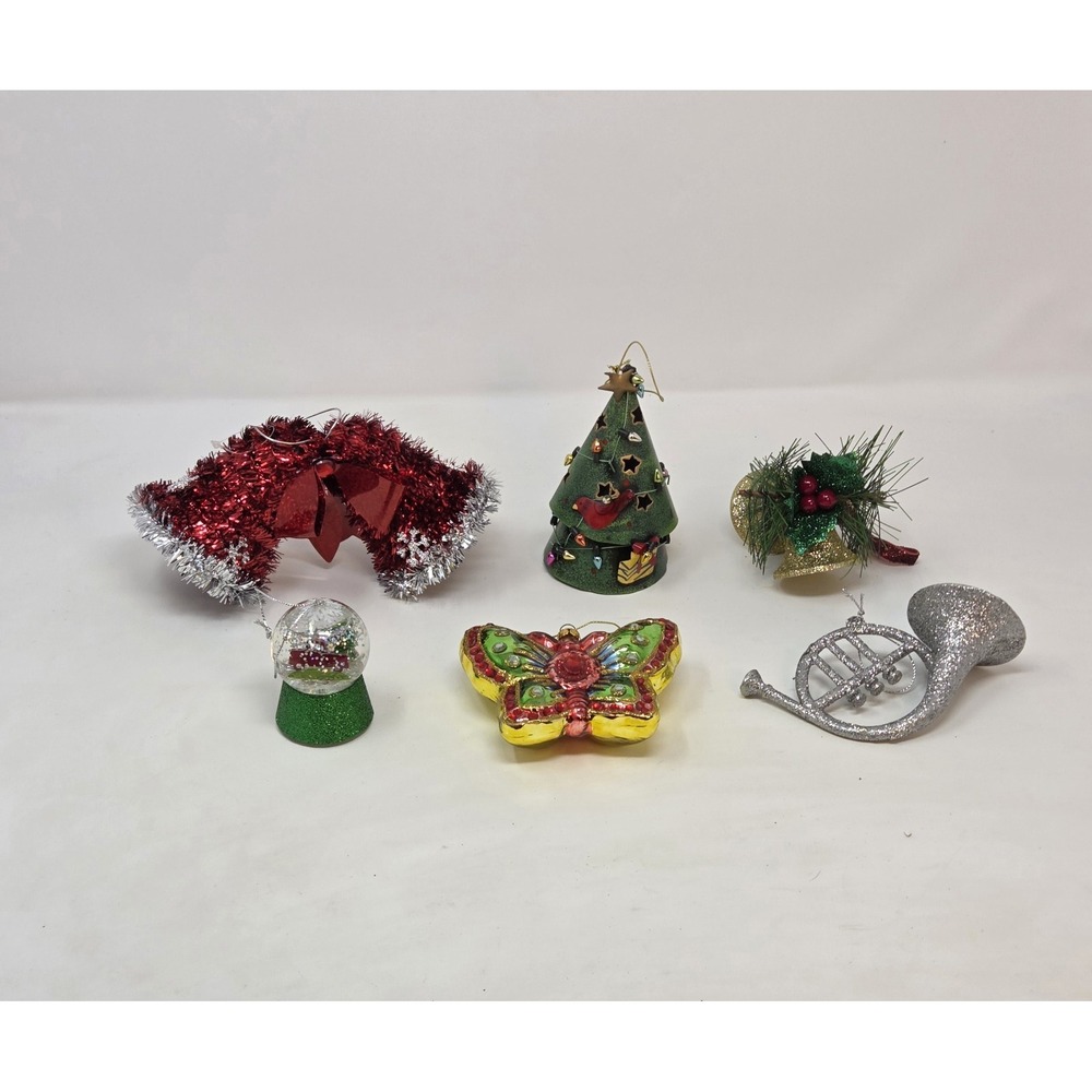Christmas Ornament Lot 6 Pc Glass Butterfly Metal Tree Snow Globe French Horn